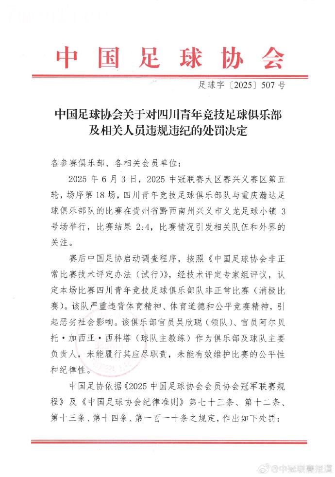 4 bàn thua trong 20 phút cuối! Chính thức: Đội vô địch Trung Quốc Sichuan Youth Athletic bị cấm thi đấu 2 năm vì chơi thụ động